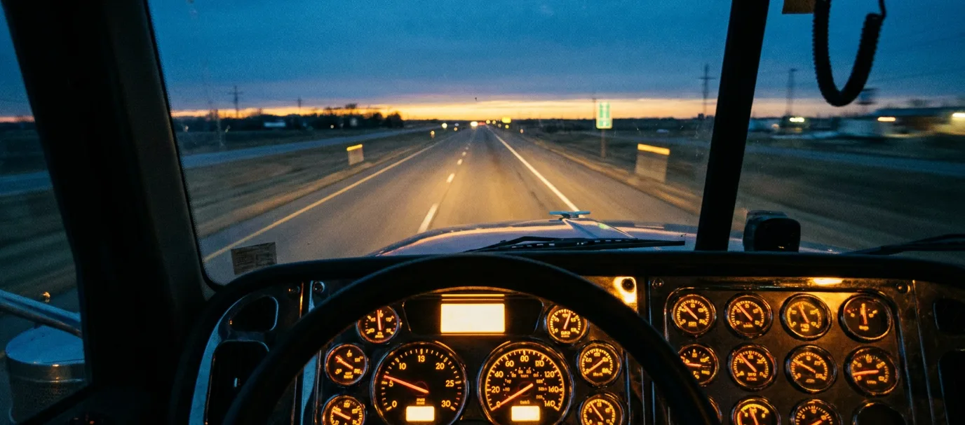 A long-haul truck driver's view down a highway at dusk, dashboard chrome glowing amber, the road stretching to the horizon